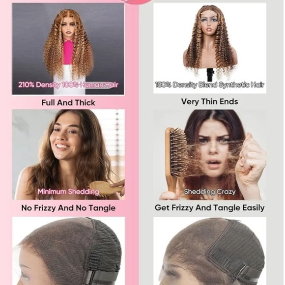 16" 100% Human Hair 13x6 Lace Front Wig Honey Brown Blonde Water Wave Curly - Picture 5 of 14